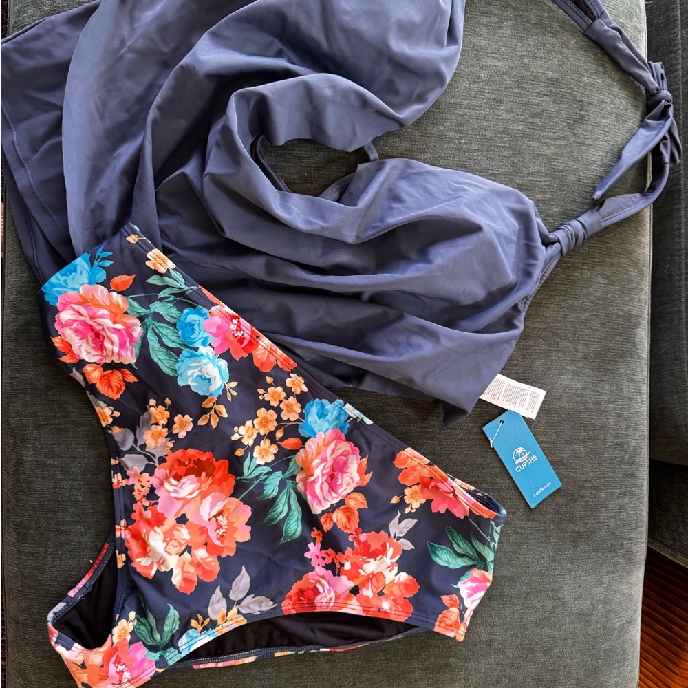 Floral One-Piece Swimsuit with Dark Blue Cover-Up